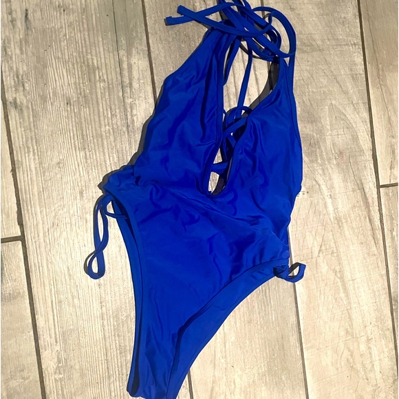 Royal blue crisscross halter top one piece swimsuit, high thigh cut cheeky - M - Picture 1 of 2